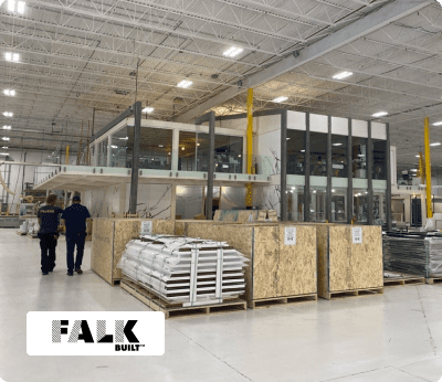 Falkbuilt factory floor and office with logo